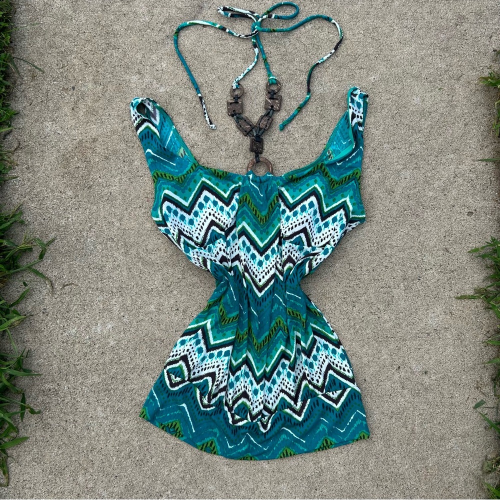 Y2K wood beaded halter neck graphic tank top